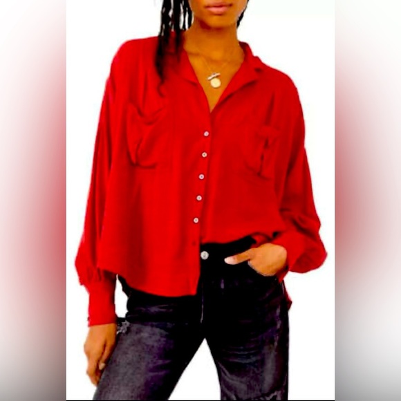 Free People Erin's Jacquard Oversize Button Front Top  Stolen Kiss Sz M - Picture 1 of 9